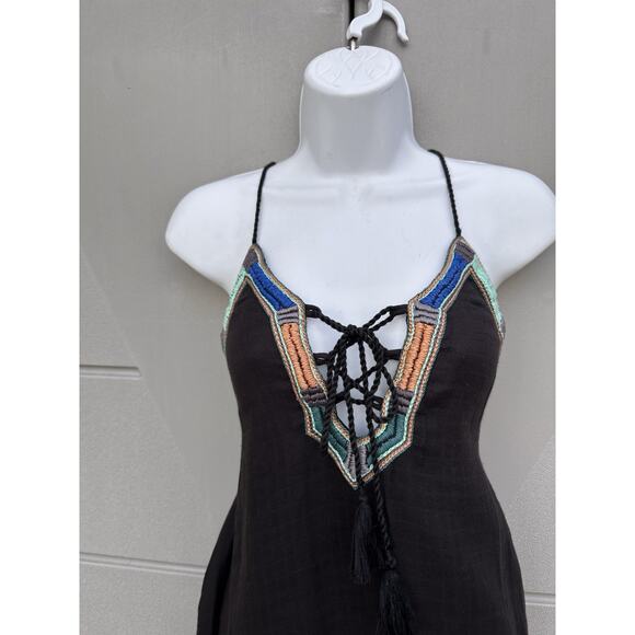 Boemo Sz S Levi’s Black Embroidered Open Back Gauze Cotton Maxi Dress Boho Beach - Picture 3 of 13